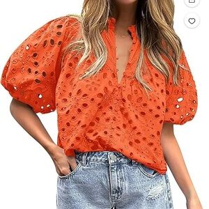 Orange Boxy Blouse with Sailor Collar and Puff Sleeves